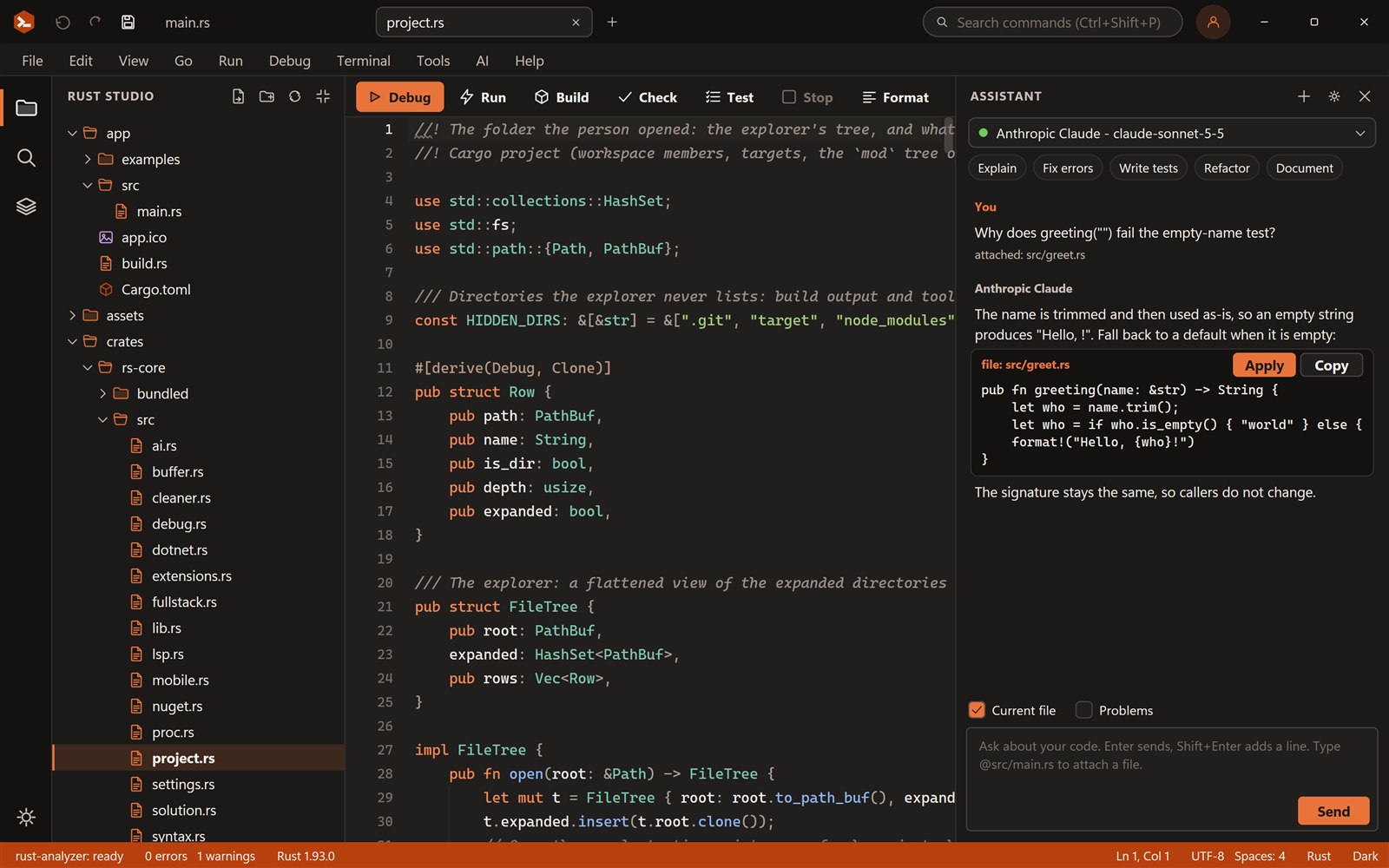The Rust Studio AI assistant panel next to the editor, with provider selector, quick actions and a code block with Apply