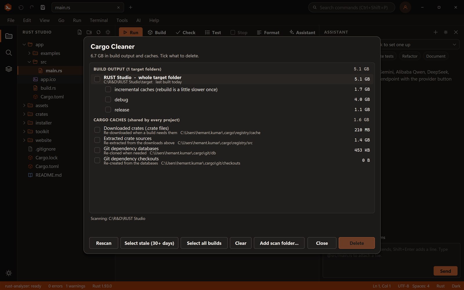 The Rust Studio Cargo Cleaner showing target folders and cargo caches with sizes
