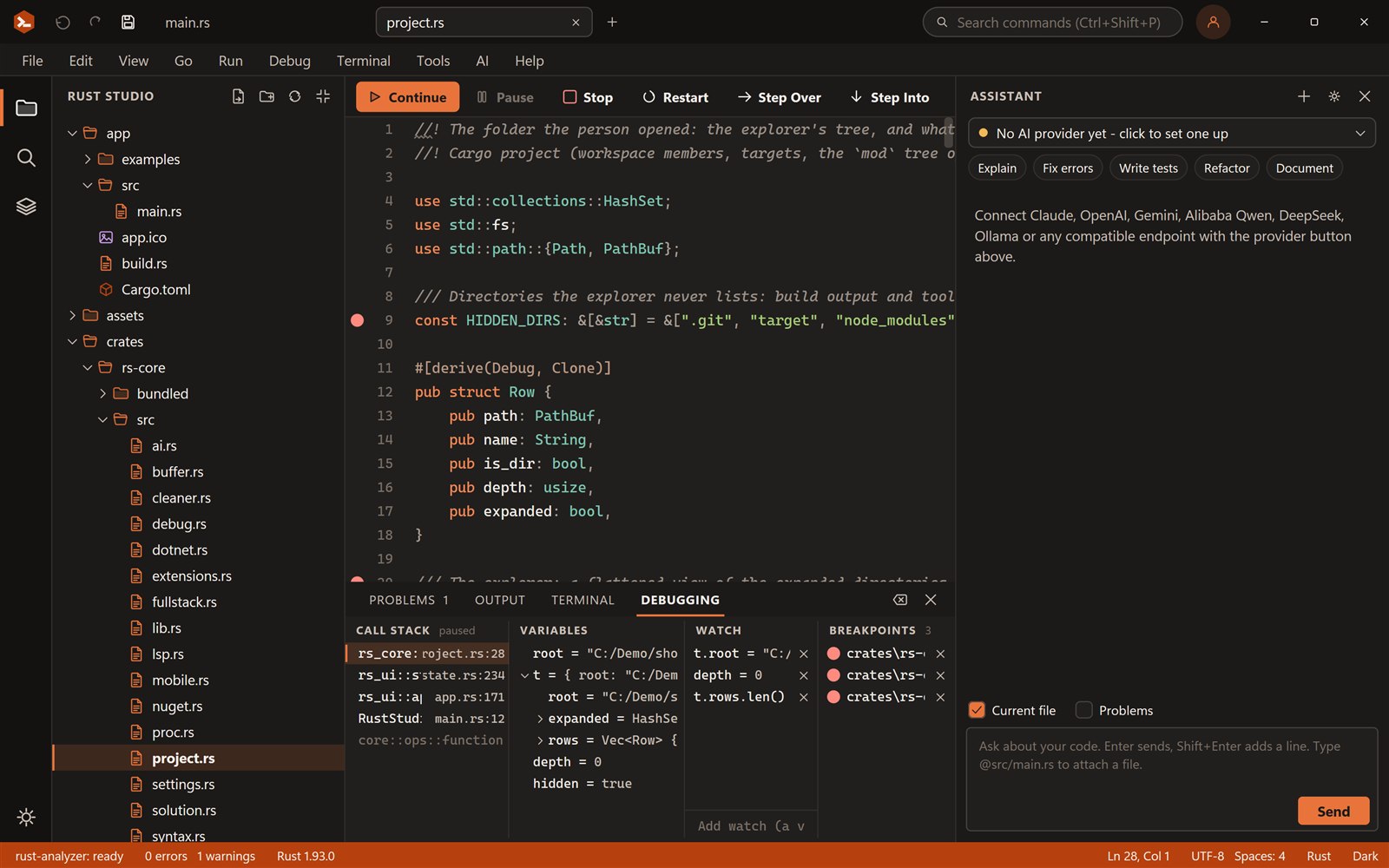 The Rust Studio debugger paused on a breakpoint: yellow execution line, call stack, variables, watches and breakpoints in the Debug panel