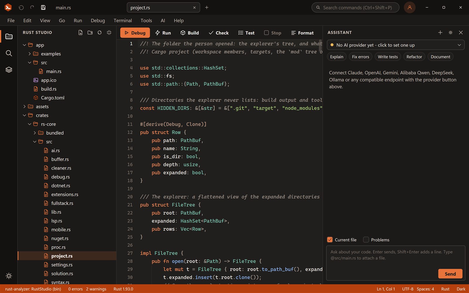 Rust Studio editing a Rust project: file explorer, syntax-highlighted code, run and build toolbar, status bar